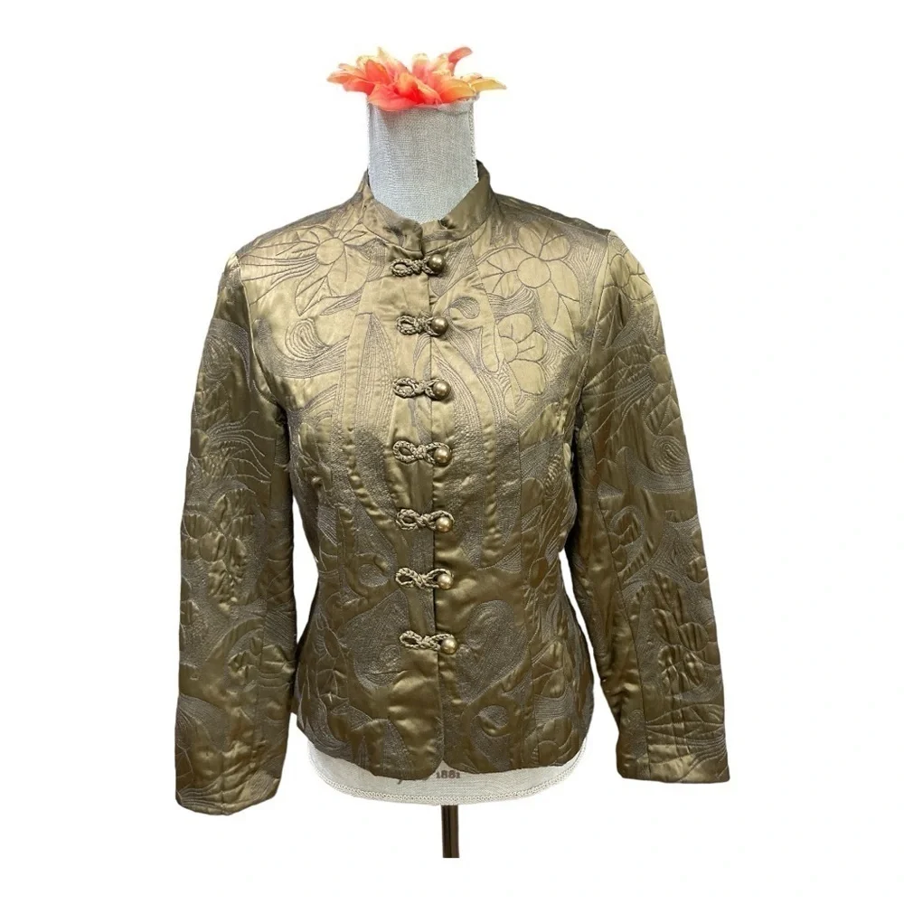 Coldwater Creek Luxe Quilted Silk Jacket Blazer Olive Green SP Mandarin Collar